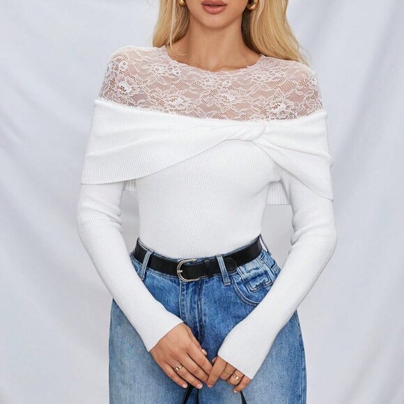 Sweaters - White Elegant Women's Lace Patchwork Off-Shoulder Twist Slim-Fit Knit Sweater